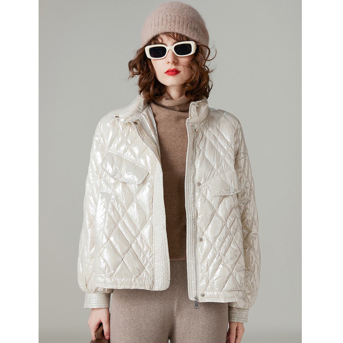 Cropped Quilted Stand-Up Collar Loose Fit Down Jacket