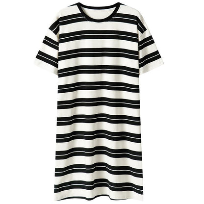 Pure Cotton Black And White Round Neck Pullover Stripe Lounge Dress