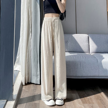 Pantalon droit en soie glacée avec protection solaire et taille haute en lin drapé décontracté