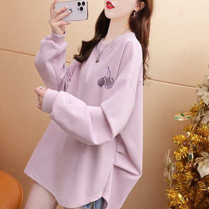 Embroidery Cherry Short In Front Long In Back Sweatshirt
