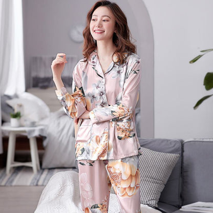 Ensemble de pyjama en soie à manches longues avec poche fleurie