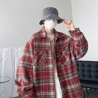 Plaid Loose-Fit Artistic Lapel Lazy Woolen Simplicity Long Sleeve Shirt