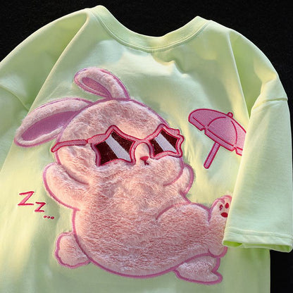 T-shirt à manches courtes en coton pur rayé avec motif de lapin en velours végétal près du corps.