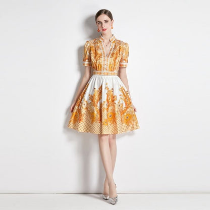 Niche V-Neck Full Skirt Style Light Elastic Print French Style Dress