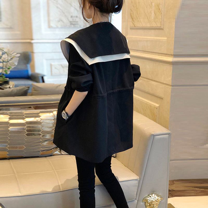 Casual Lapel Navy Thigh-Length Loose Fit Trench Coat