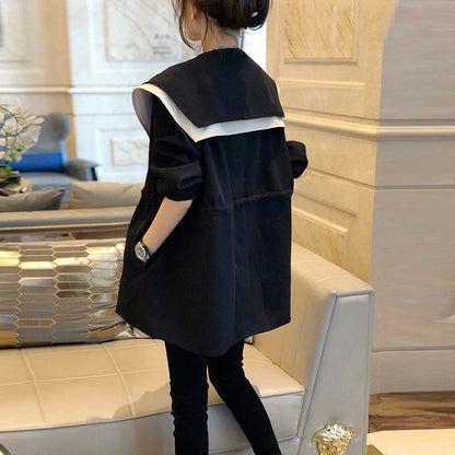 Casual Lapel Navy Thigh-Length Loose Fit Trench Coat
