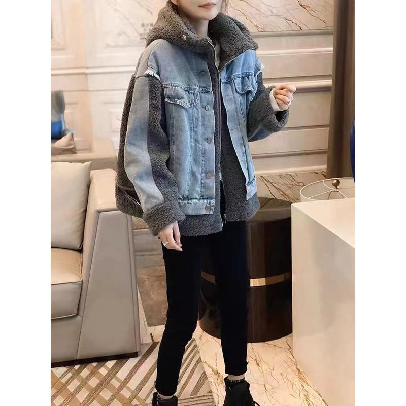 Thickened Patchwork Casual Hooded Faux Two-Piece Denim Jacket
