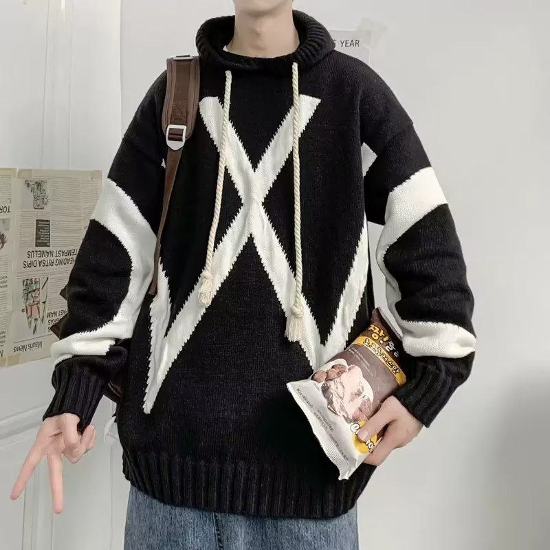 Cardigan tricoté à capuche de style urbain unisexe.