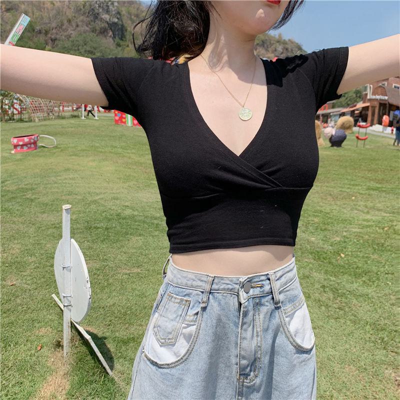Cropped Navel-Baring Slim-Fit Worn Outside V-Neck Low-Cut Short Sleeve Tee
