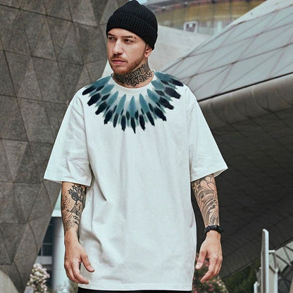 Retro Indian-Inspired Feather Round Neck Short Sleeve Tee