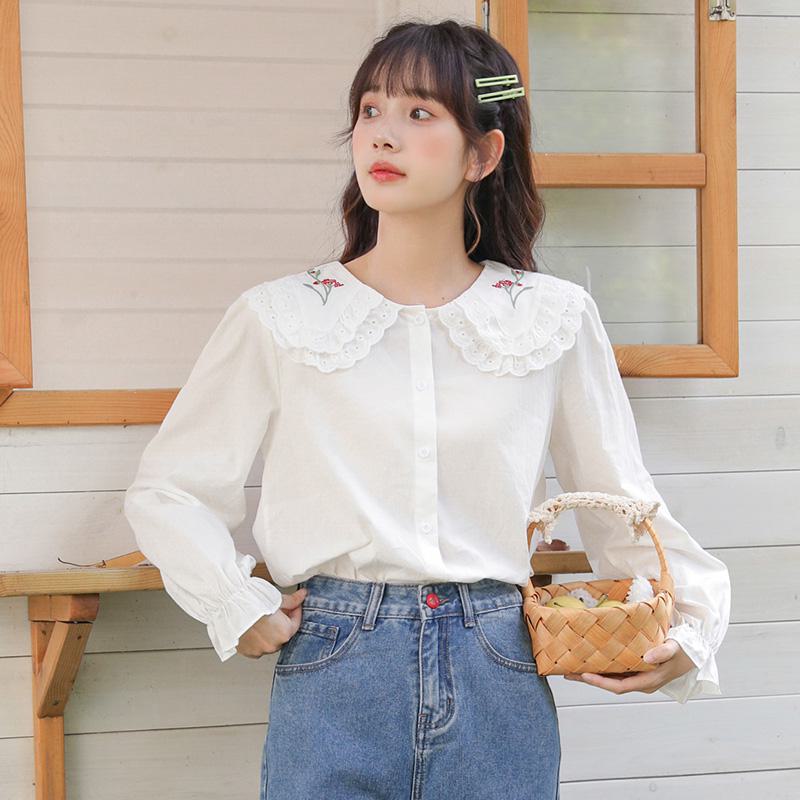 Simplicity Anti-Aging Embroidery Loose Fit Long Sleeve Blouse
