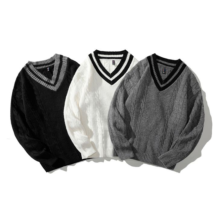 Loose Fit Preppy Style V Neck Knitted Sweater