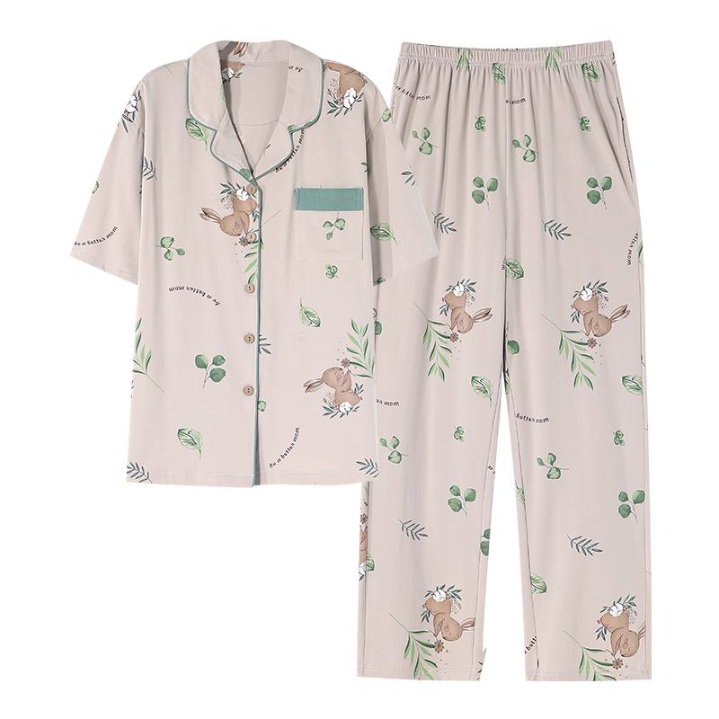 Bunny-Knopfleiste mit Muster-Pyjama-Set mit Tasche