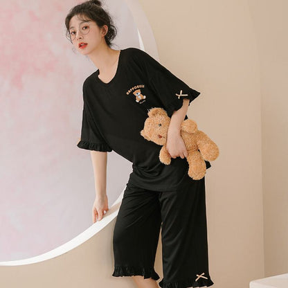 Ensemble pyjama noir en modal ample avec ourson.