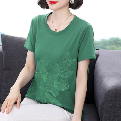 Locker sitzendes Baumwoll-T-Shirt mit Perlenstickerei und Anti-Aging-Effekt