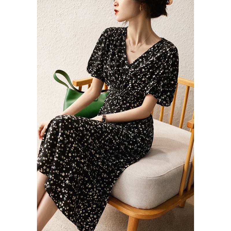 V-Neck Floral Print Bubble Sleeve French Style Dress