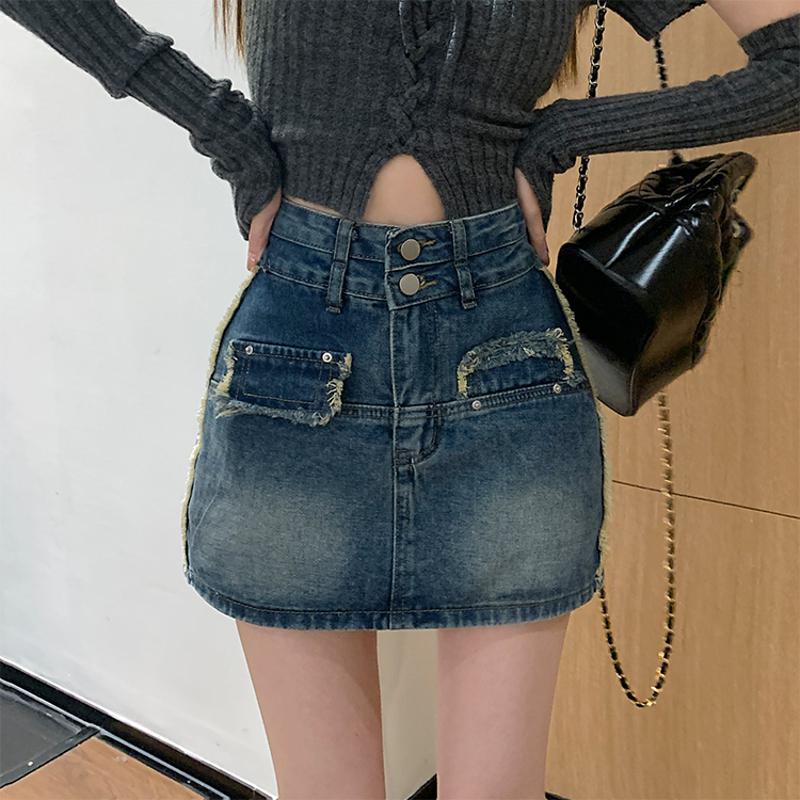 Button Front High-Waisted Chic Retro Bodycon Denim Skirt