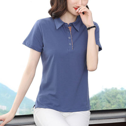 Slimming Button Loose Fit Pure Cotton Lapel Short Sleeve Tee