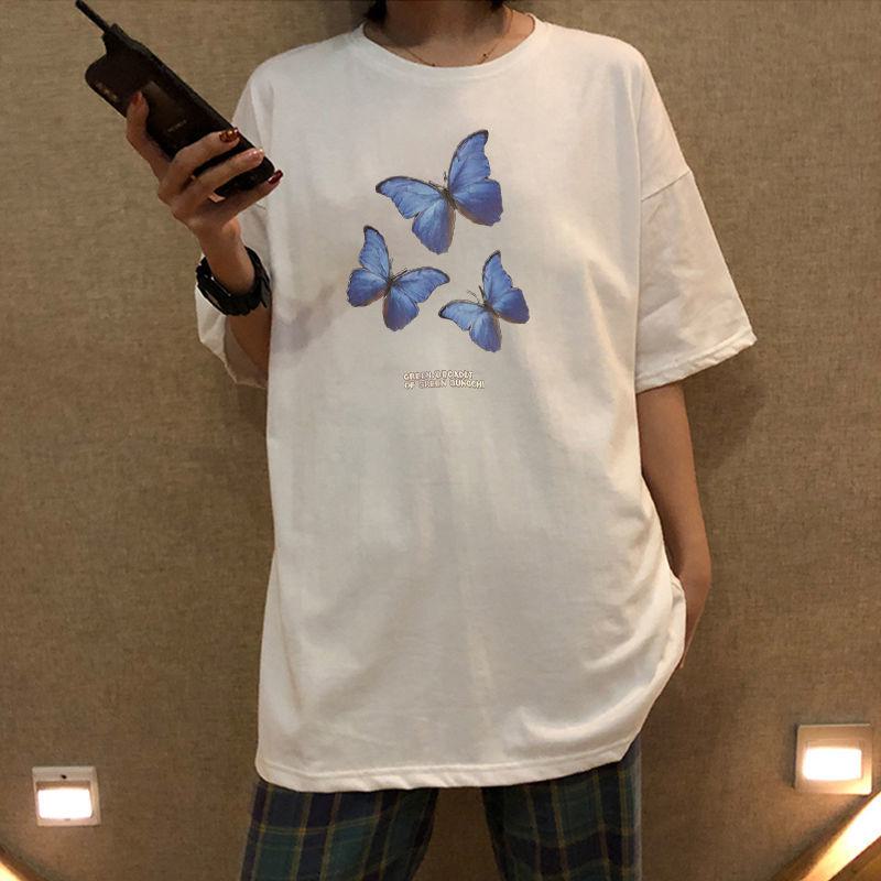 Camiseta de manga corta y cuello redondo de algodón puro con estampado de mariposa, holgada y versátil.