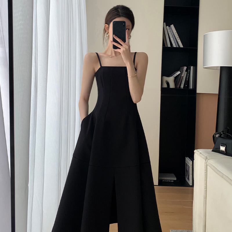 Robe de Style Français Élégante Noire Amincissante à Taille Haute