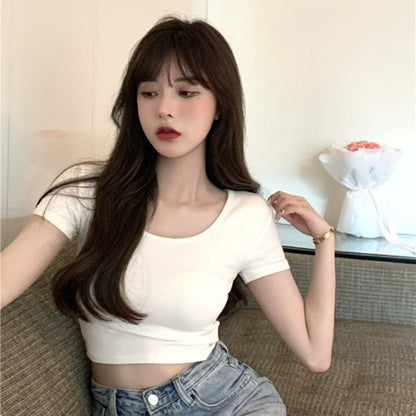 Slim-Fit Cropped Solid Navel-Baring Short Sleeve Tee