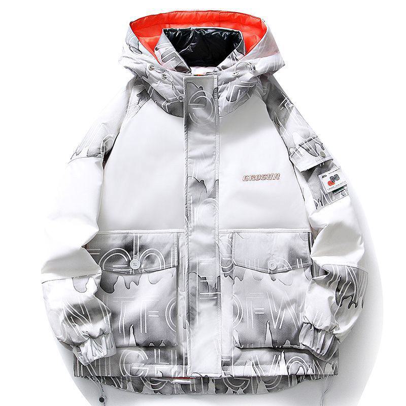 Hooded White Duck Down Thickened Bellows Pocket Down Jacket