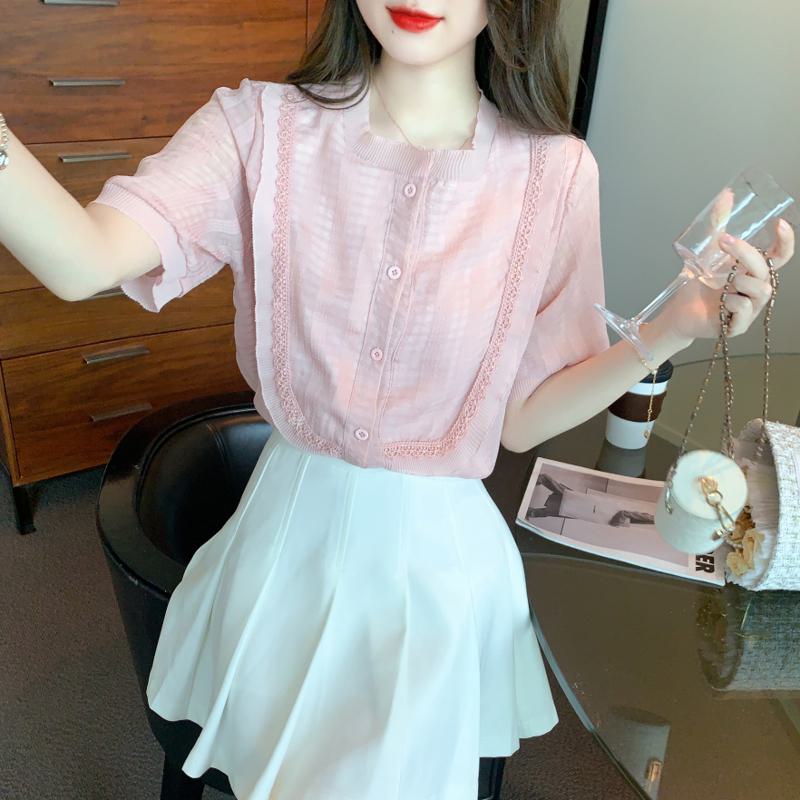 Lace Square Collar Loose Fit Chiffon Blouse