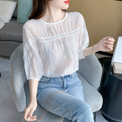 Fairy Lace Chiffon Round Neck Patchwork Hollowed-Out Blouse