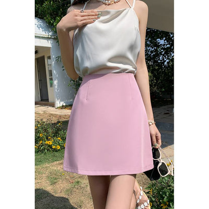 Falda rosa dulce y picante de estilo francés de talle alto