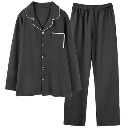 Graues, eng gewebtes, kariertes Baumwoll-Pyjama-Set mit Knopfleiste und Kragen