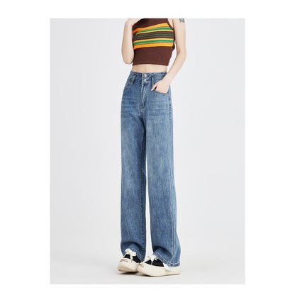High-Waisted Simplicity Slimming Draping Loose Fit Thin Straight Leg Jeans