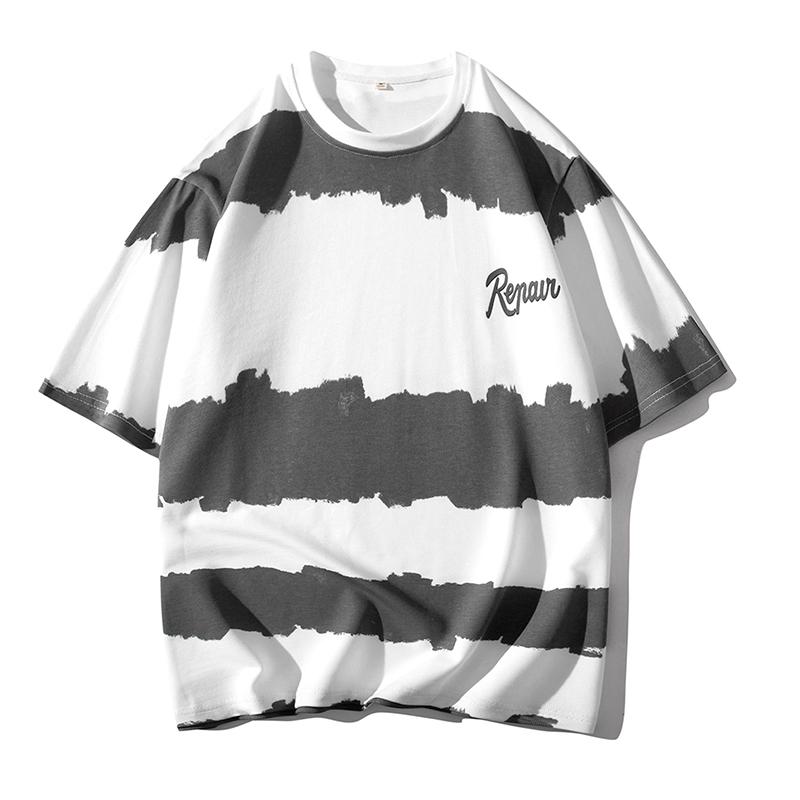 Men's T-Shirt Round Neck Stripe Trendy Print Short Sleeve Tee