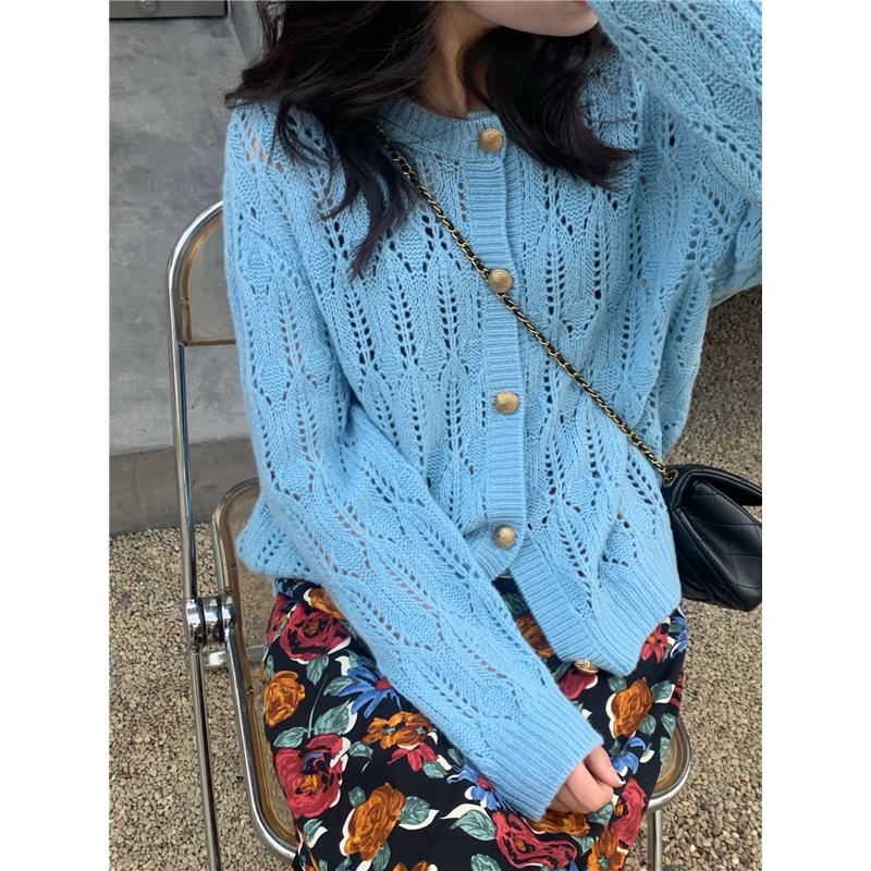 Buttoned Wool Round Neck Hollowed-Out Knitted Cardigan
