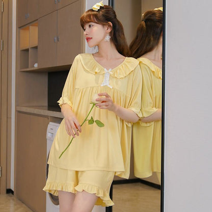 Conjunto de pijama amarillo de modal con lazada y pliegues