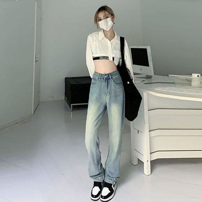 Floor-Length Worn-Out Look Tencel Loose Fit Straight Three Colors Wide-Leg Jeans