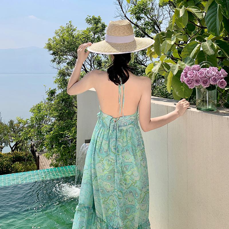 Beach French Style Cami Backless Full Skirt Print Retro Dress