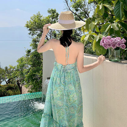 Strandfranzösischer Stil Cami Rückenfreies Retro-Kleid mit weitem Rockmuster
