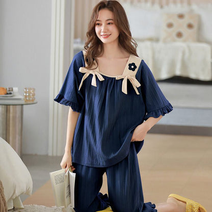 Conjunto de pijama de algodón de color sólido con cuello cuadrado plisado de flores