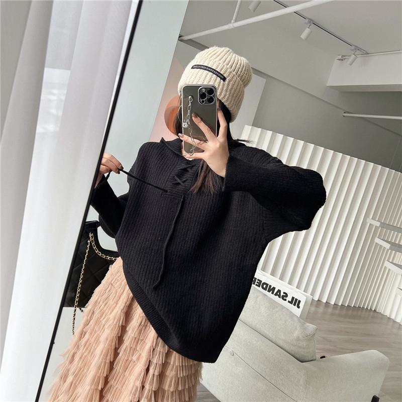 Retro Hooded Petite Knitted Loose Fit Lazy Sweater