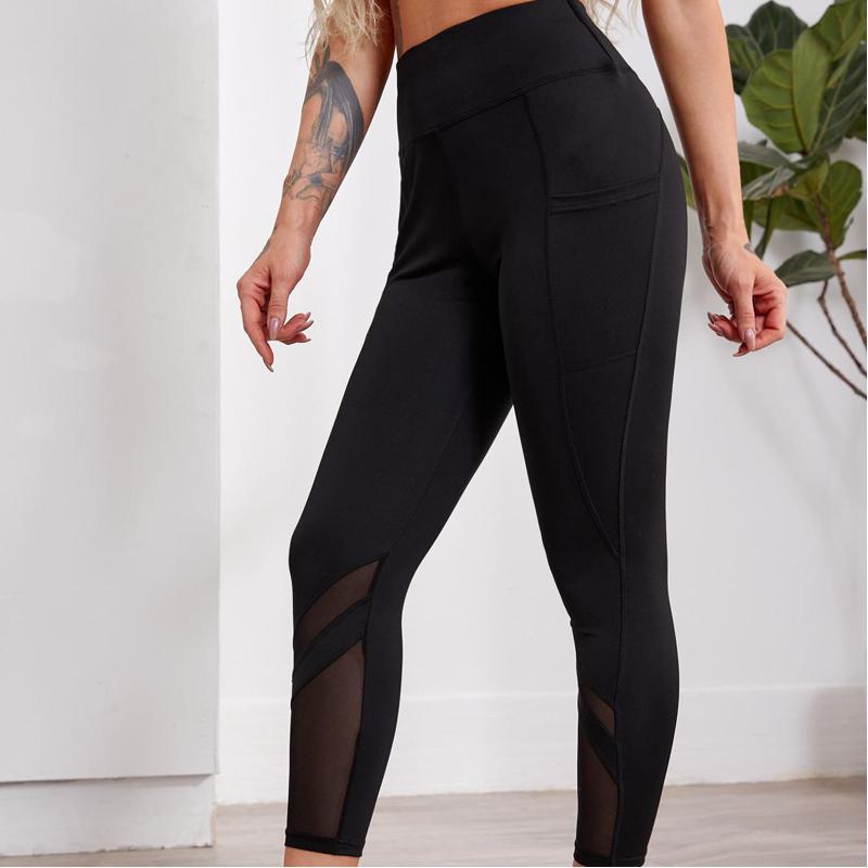 High-Waisted Yoga Sports Fitness Pocket Button Side Patchwork Mesh Sports Leggings