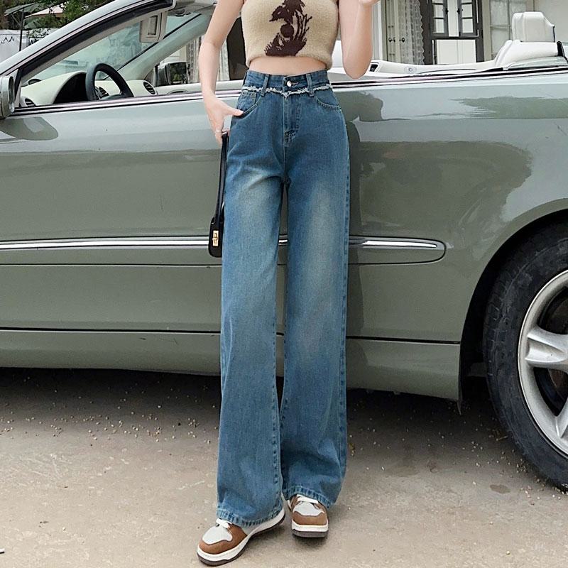Casual Pocket Floor-Length Backless Frayed Edge Straight High-Waisted Patchwork Jeans
