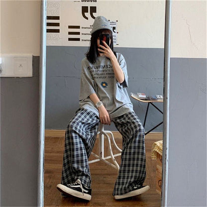 High-Waisted Straight Versatile Loose Fit Slimming Draping Plaid Pants