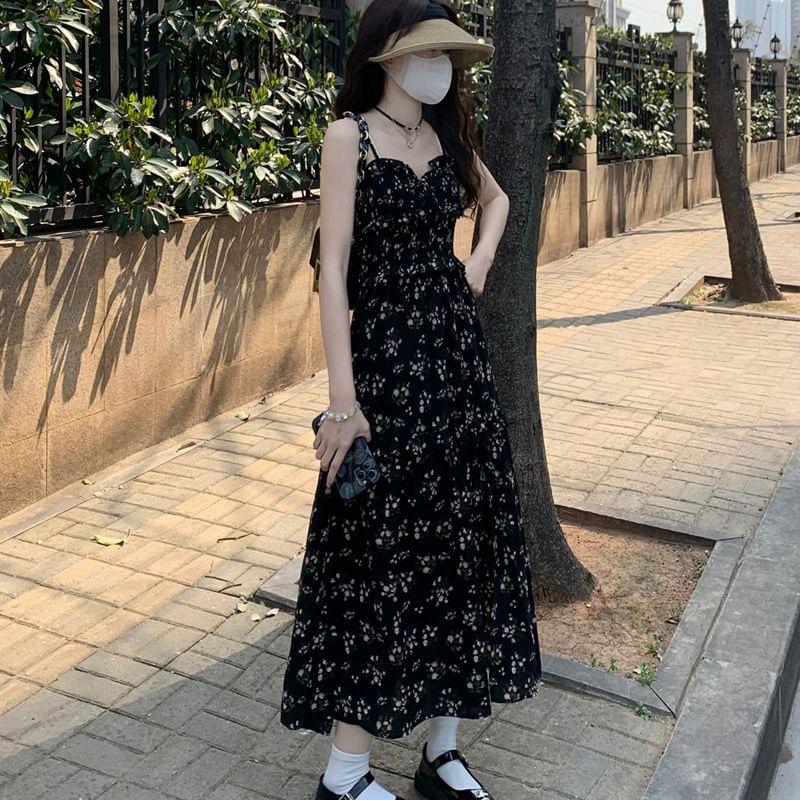 French Style Floral Print Split Long Style Gentle Dress