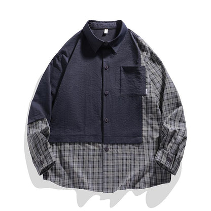 Draping Plaid Workwear Patchwork Trendy Long Sleeve Shirt