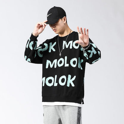Letter Round Neck Loose Fit Full Print Trendy Faux Two-Piece Versatile Sweatshirt
