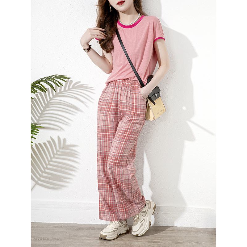 Pantalon droit à carreaux en color-block rose chic