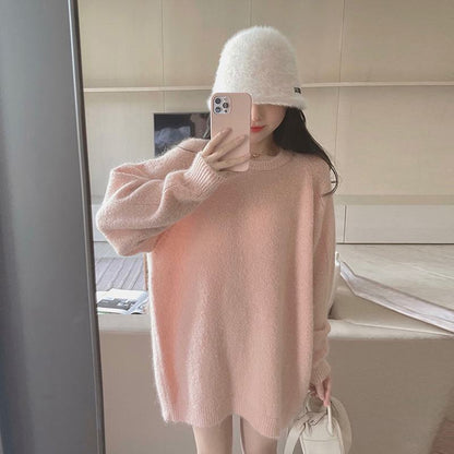 Simplicity Round Neck Midi Pink Versatile Knitted Lazy Anti-Aging Sweater