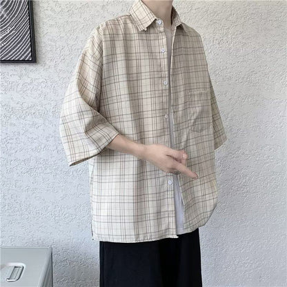 Elegante Camisa de Manga Corta a Cuadros de Moda Artística y Versátil con Estándar de Combinación de Telas