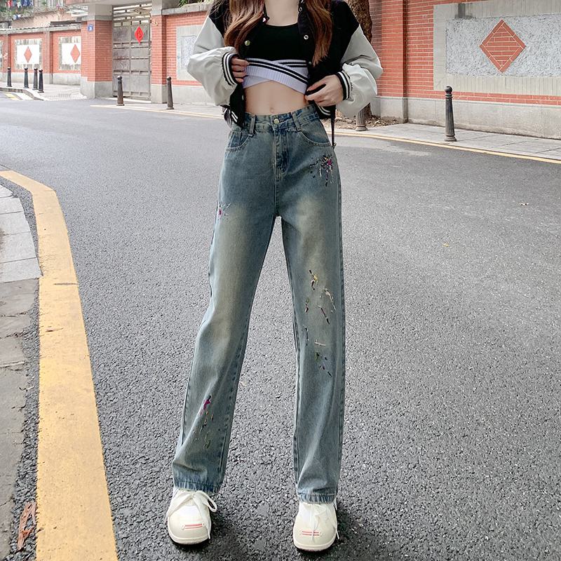 Slimming Worn-Out Look Washed Out Straight Light-Colored High-Waisted Embroidery Retro Jeans