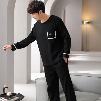 Conjunto de salón de algodón puro tejido ajustado con estampado de espiga, cuello redondo, bolsillo, color negro.